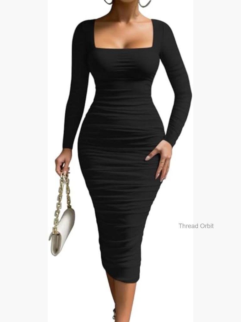 Long Sleeve Square Neck Bodycon Midi Dress Mesh Ruched Party Cocktail